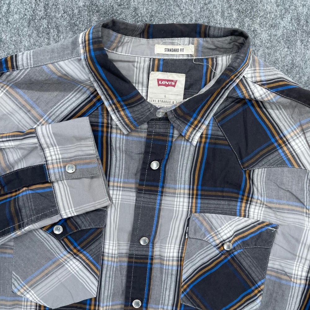 Levis Shirt Mens Large Standard Fit Plaid Western Pearl Snap Grey